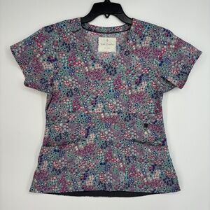 Vera Bradley Womens Small Scrub Top Gray Pink Blue Floral V-Neck Short Sleeves